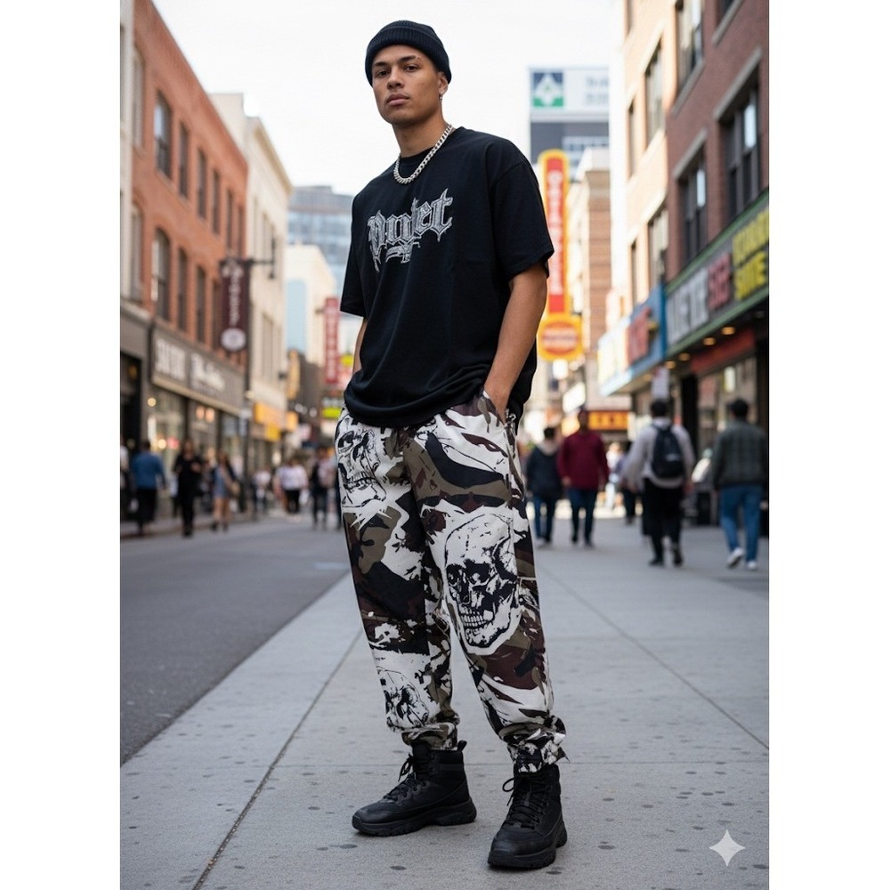Rebel Vengeance‎ Skull Camo Loose Fit Wind Pants Men's Size M Drawstring